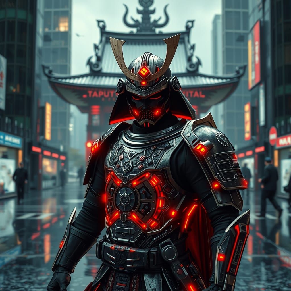 Futuristic Samurai Guarding Neon Temple in Cyberpunk Style