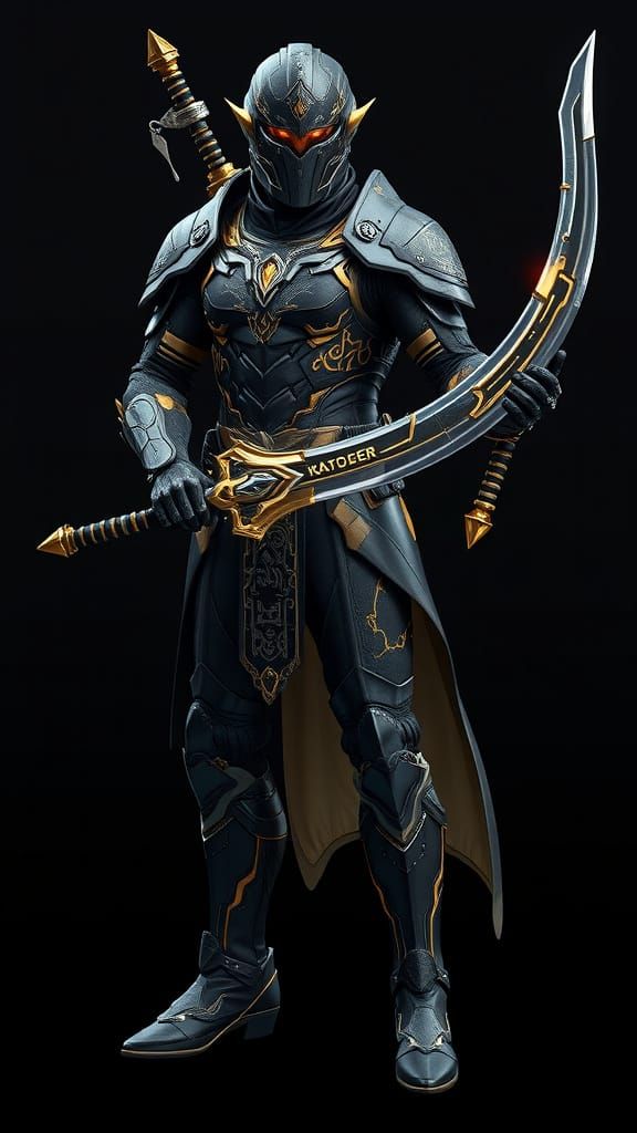 Elegant High Elf Warrior in Sci-Fi Armor, Black and Gold, wi...
