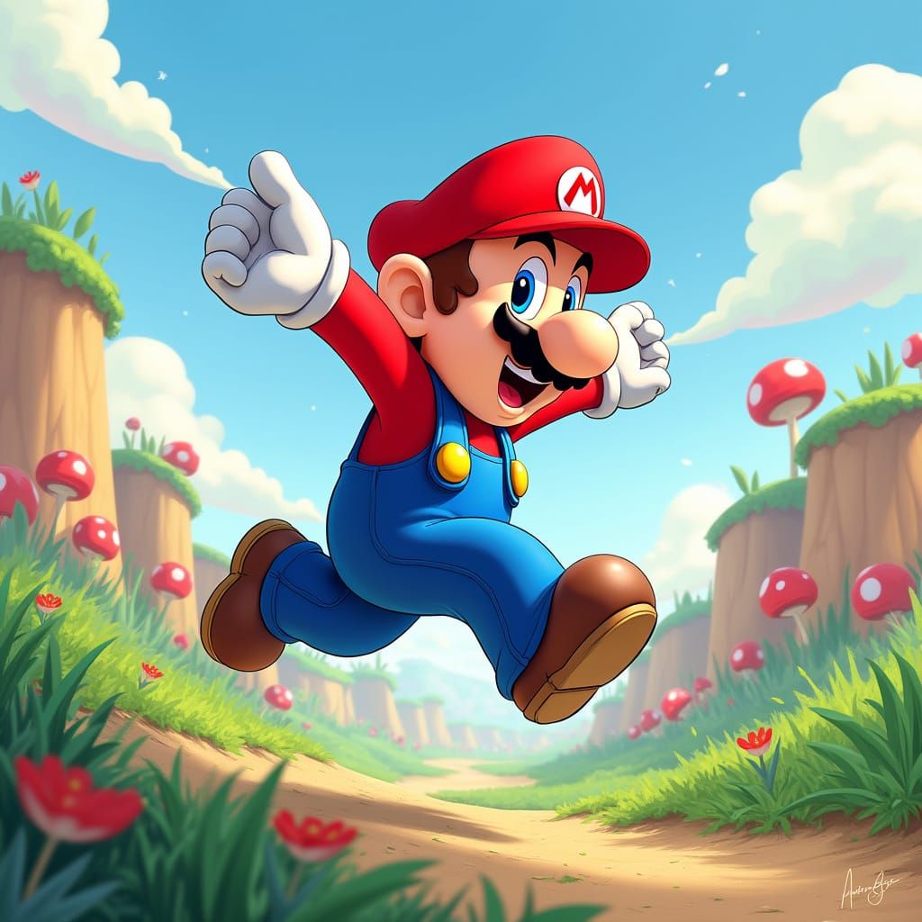 Mario Jumps in Mushroom Kingdom: Digital Concept Art
