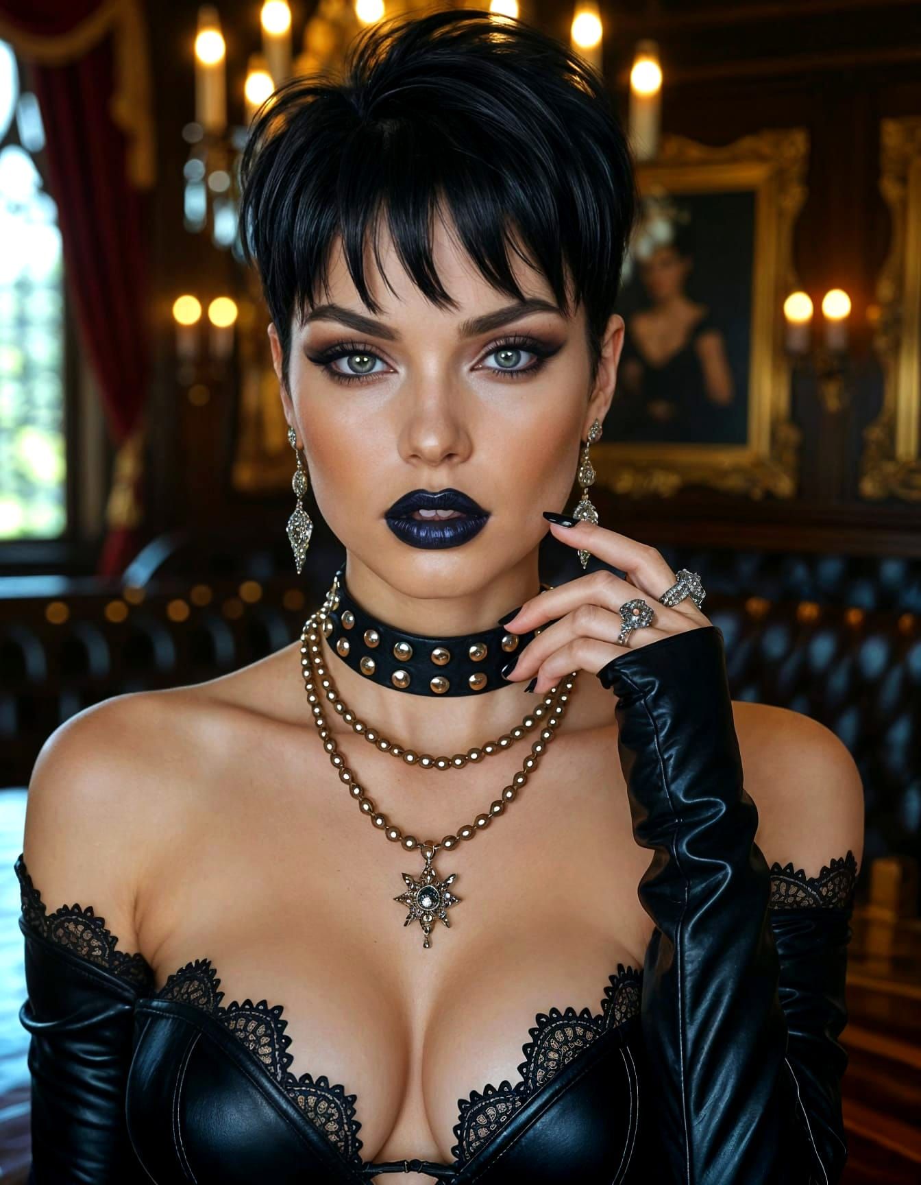 Sensual Gothic Woman in Castle Dining Room