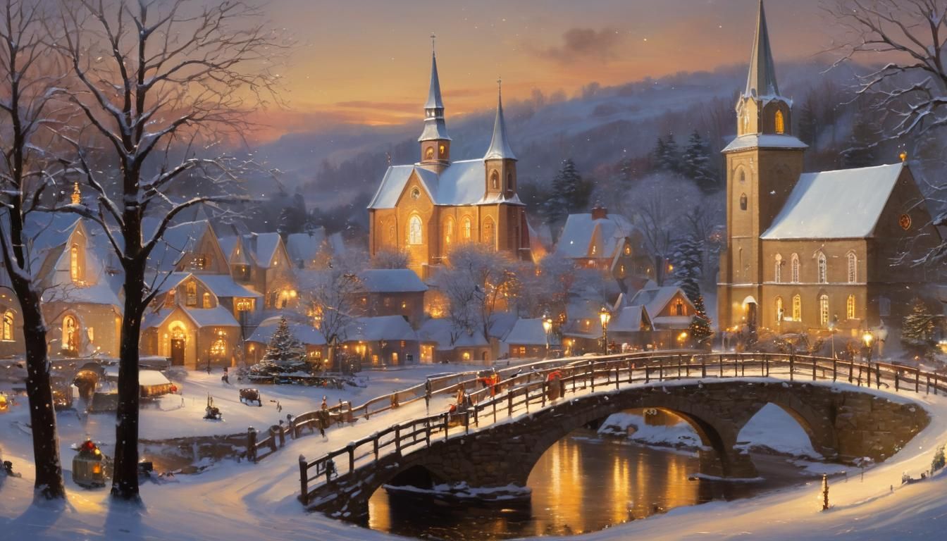 Whimsical Christmas Village Under Snowy Skies
