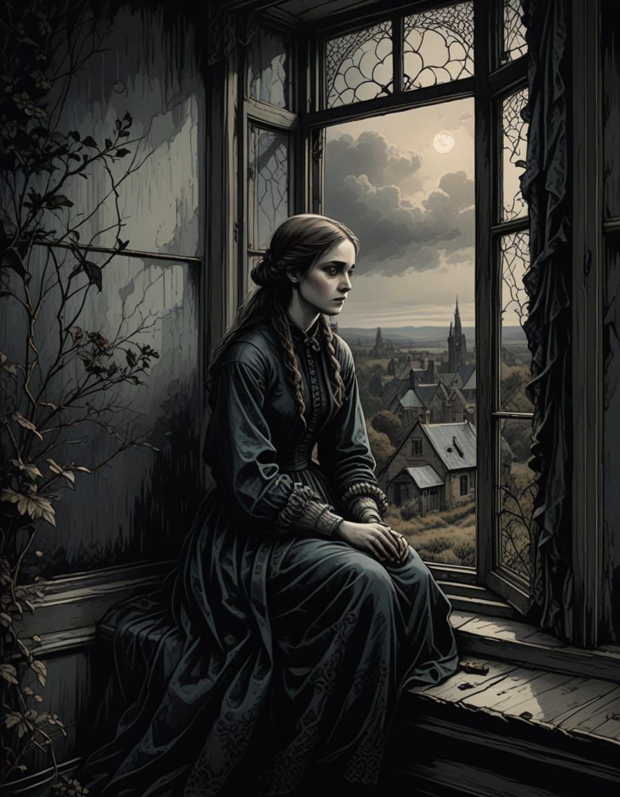 Gothic Victorian Girl Contemplates the Bleak Landscape