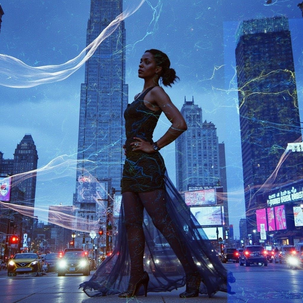Mystical Woman in Futuristic Cityscape at Dusk