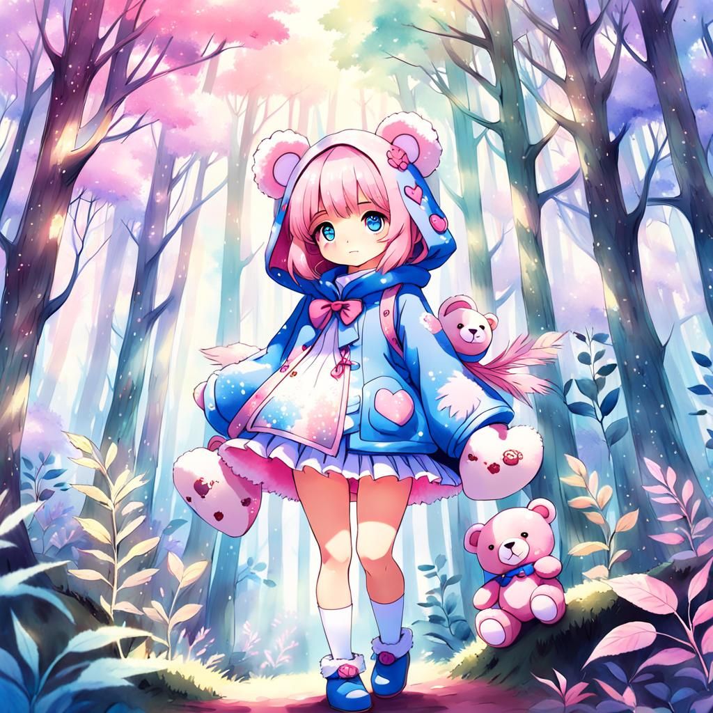 A cute anime girl wearing a cute teddy bear costume