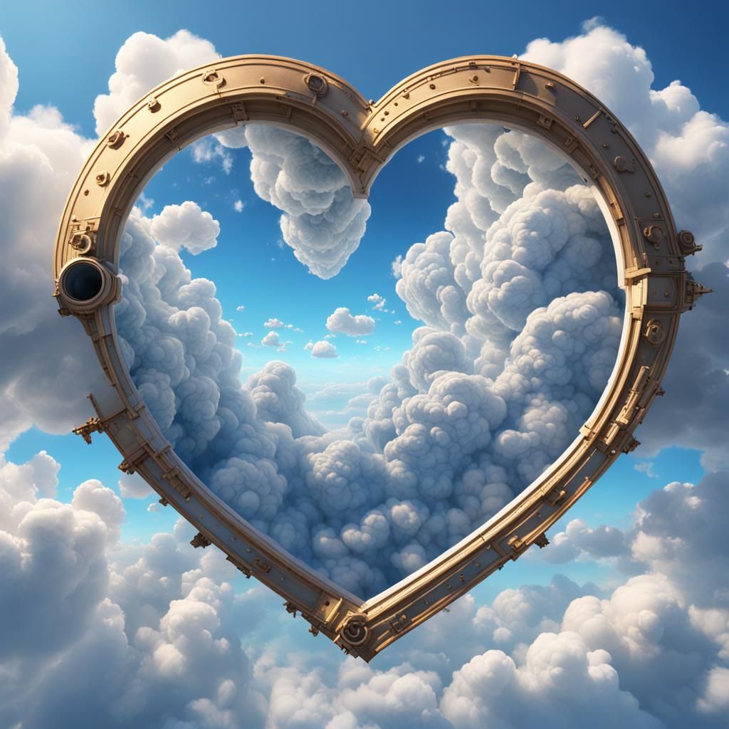 Heart-Shaped Clouds in Blue Sky, Detailed Art