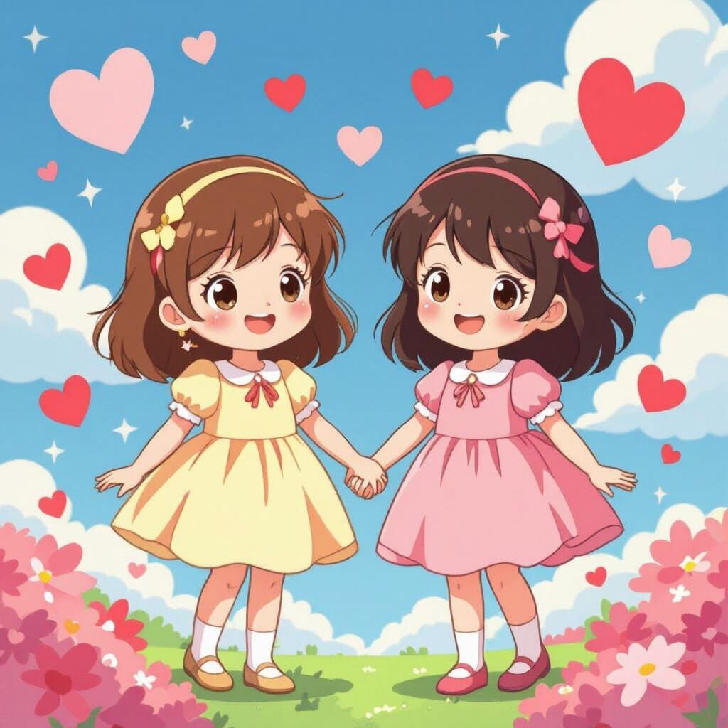 Cartoon Sisters Holding Hands with Floating Hearts