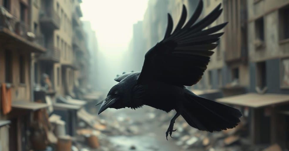 Raven in Ruined City: Photorealistic Post-Apocalyptic Scene