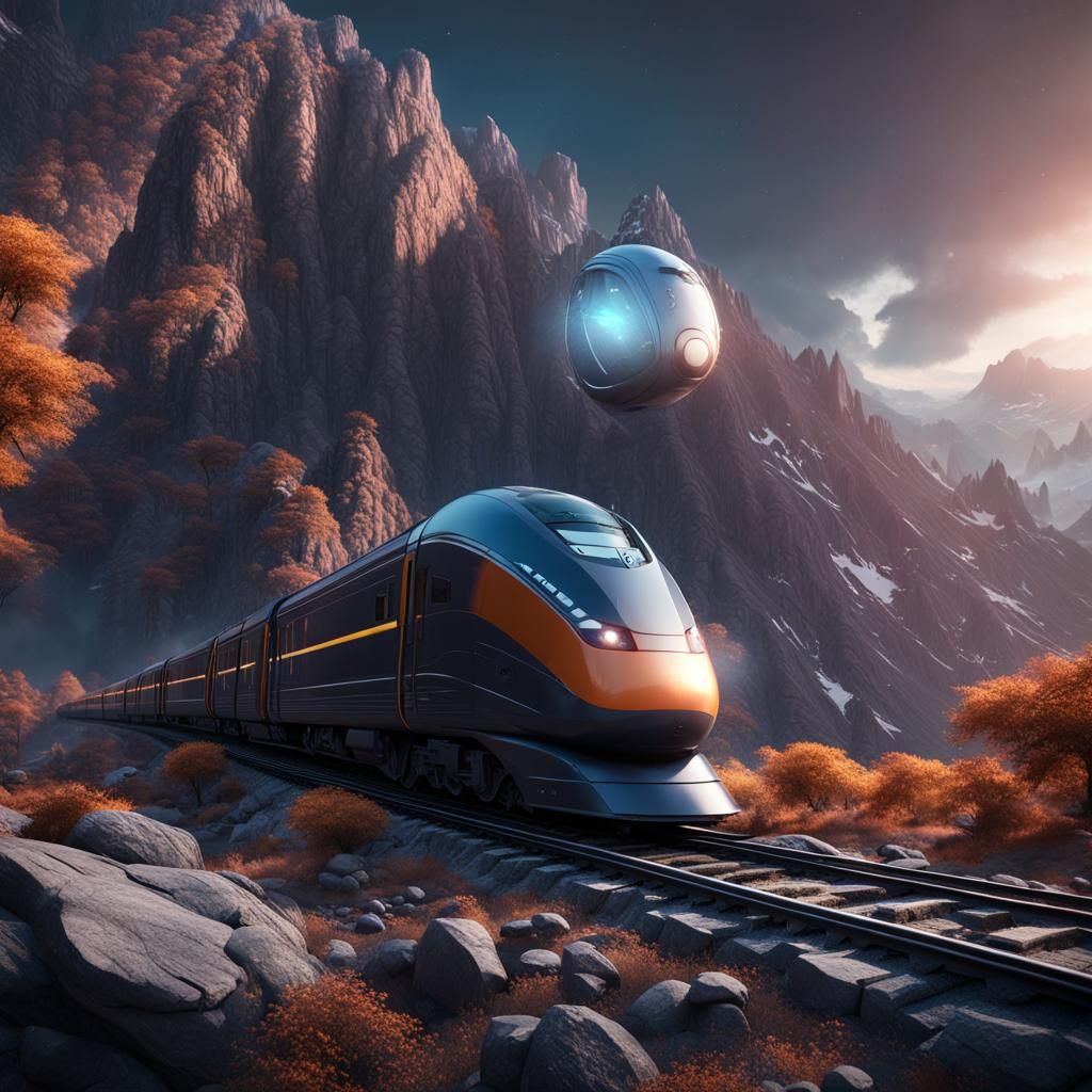 Futuristic Train Journey Through Mountain Landscape