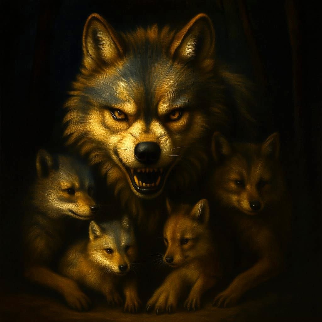 Furious Mother Wolf With Cubs in Forest, Rembrandt Style