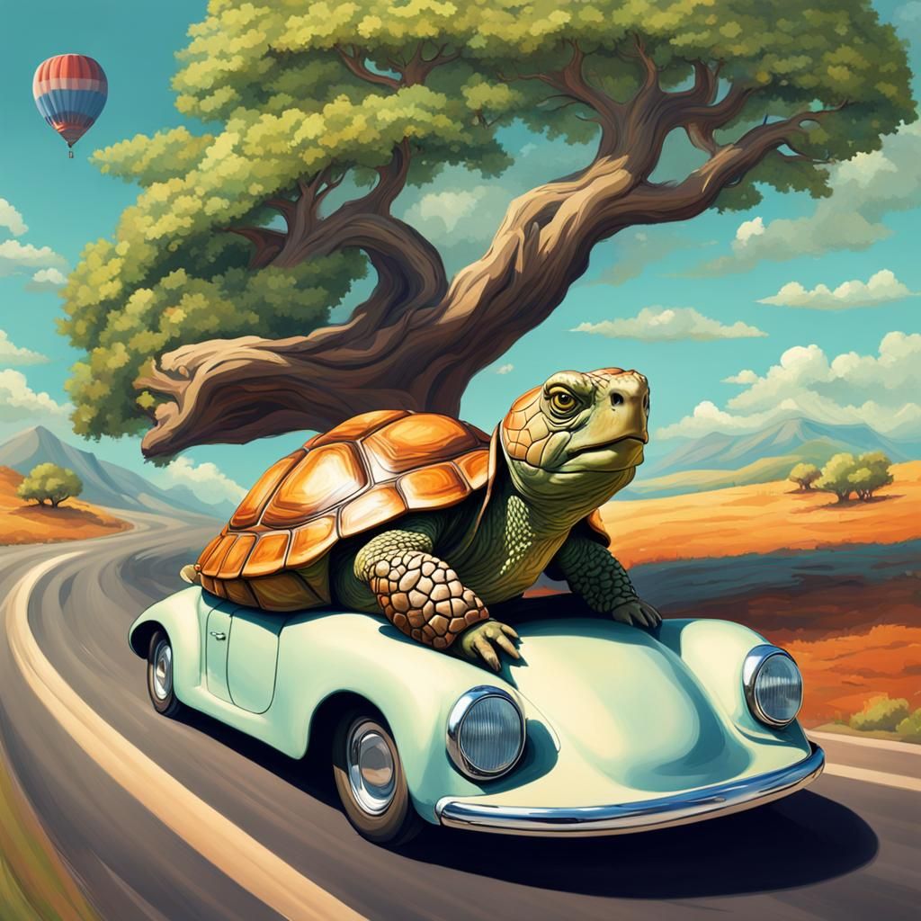 Surreal Tortoise Drives a Racecar on a Road