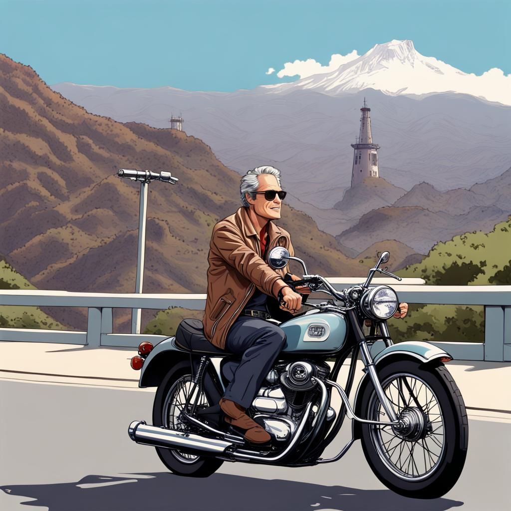 Paul Newman Rides by the Hollywood Sign in Anime Style