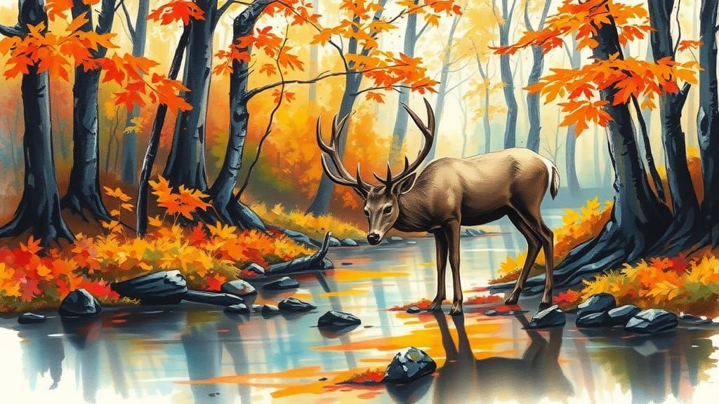 Deer Drinking in Autumn Forest, Ink Drawing