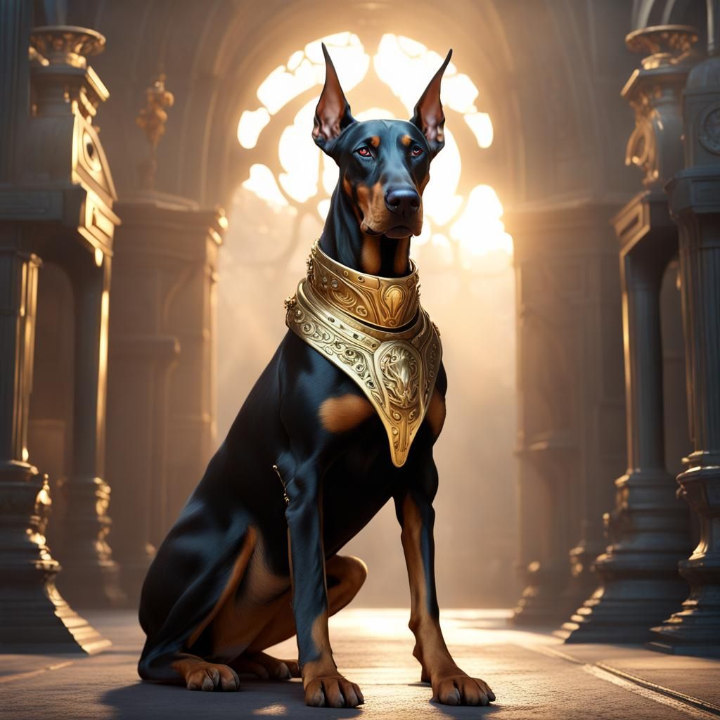 Doberman Dog with Gold Collar: Fantasy Concept Art