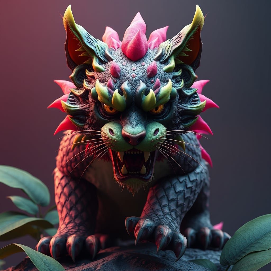 Majestic Feline Dragon Fruit in Cyberpunk Style