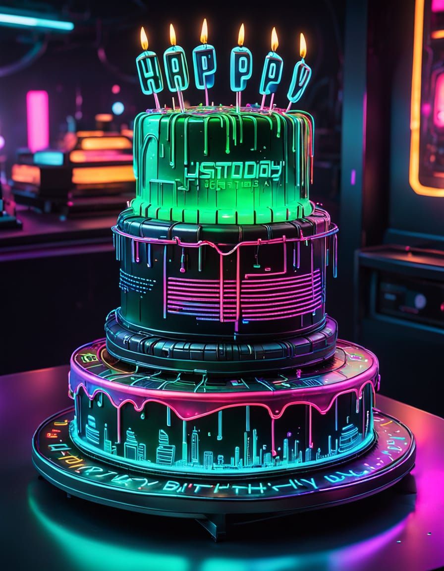 Glowing Neon Cyberpunk Birthday Cake in a Futuristic Dance H...