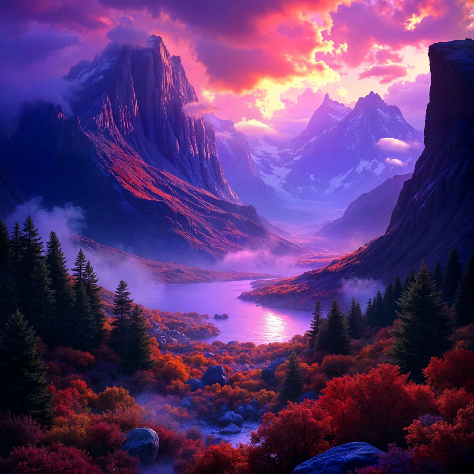 Majestic Purple Mountains in Autumn Forest