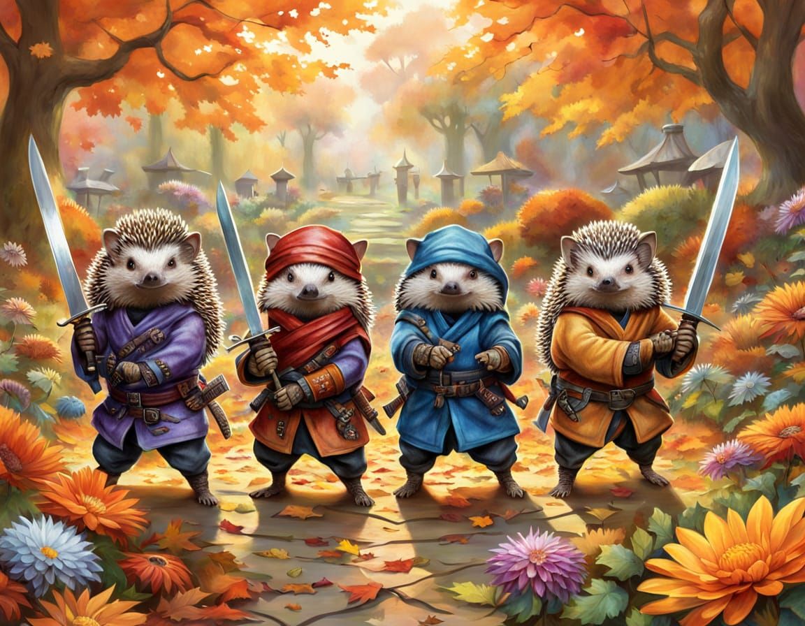 Ninja Hedgehogs Playing in Autumn Garden