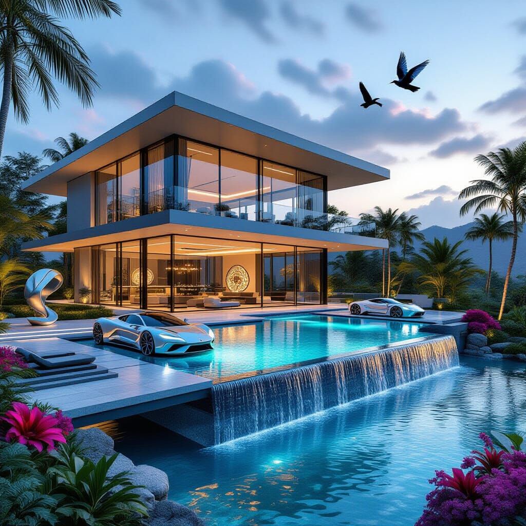 Luxurious Floating Mansion Above Lake in Hyper-Realistic 3D