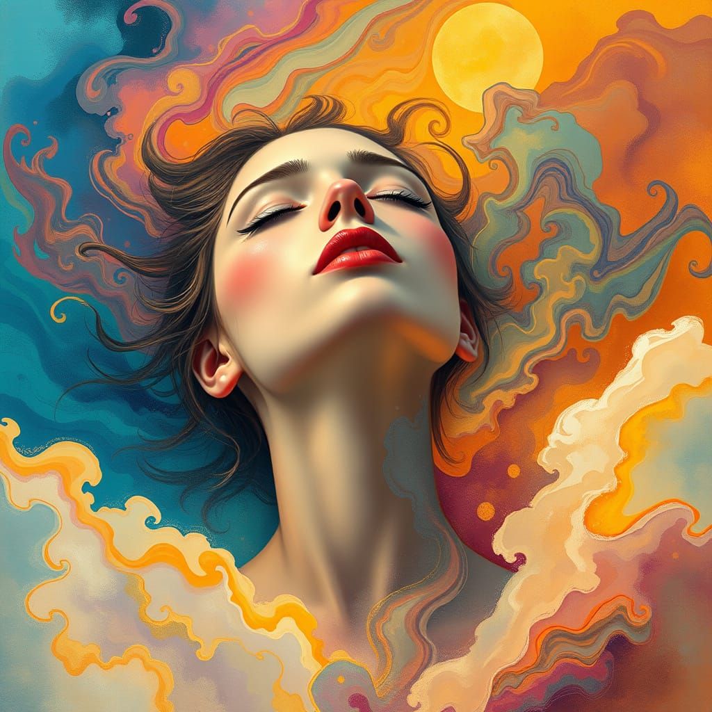 Whimsical Woman in Vibrant Dreamscapes