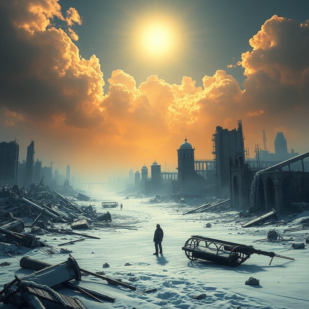 Snowy Ruins in Eerie Post-Apocalyptic Winter Landscape