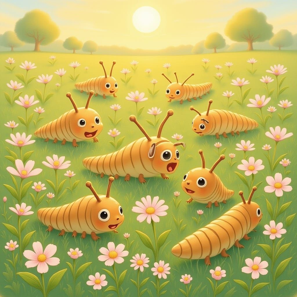 Caterpillars in Meadow, Watercolor Art Style