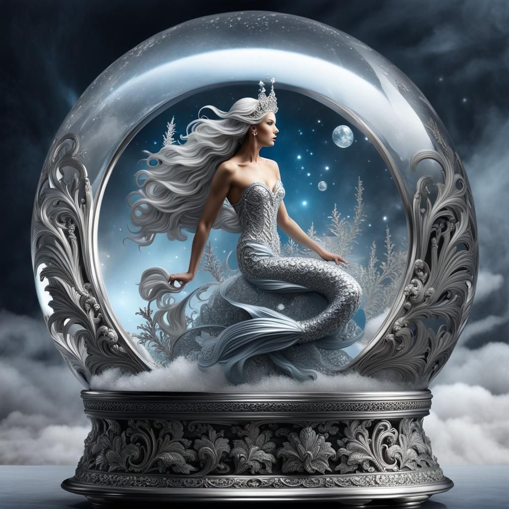 Ornate Silver Mermaid Snow Globe: Hyperrealistic Digital Art