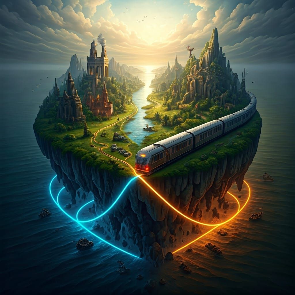 Train Divides Time on Geographic Map in Oil Painting