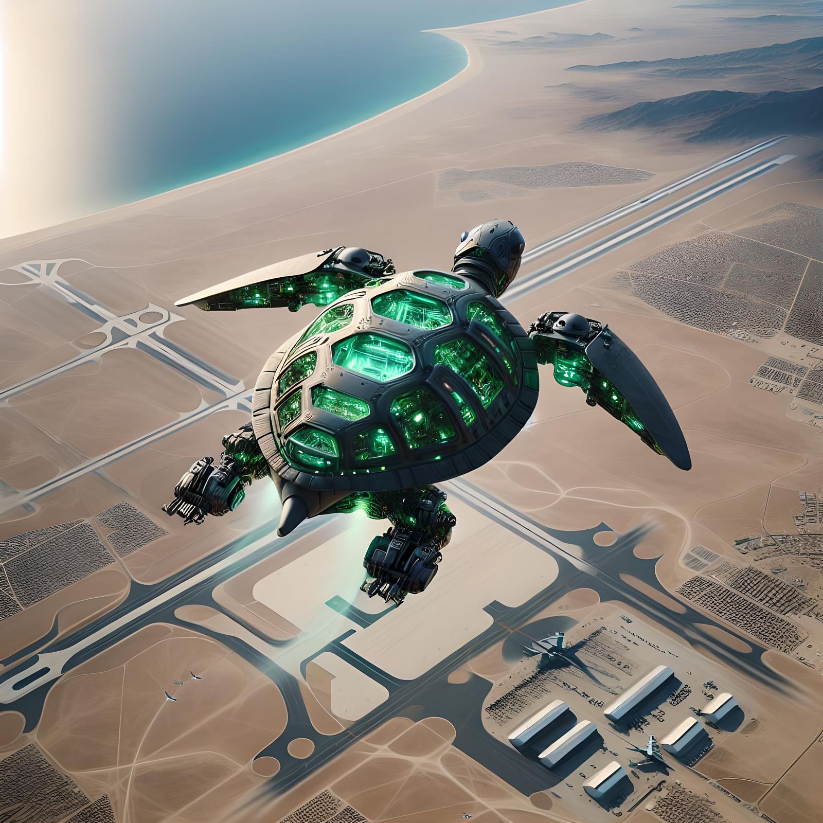 Cybernetic Turtle Floats Over Desert Airbase
