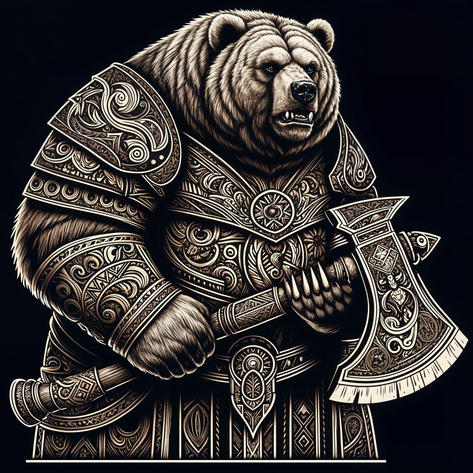 Obese Kodiak Bear in Victorian Armor with Battle Axe