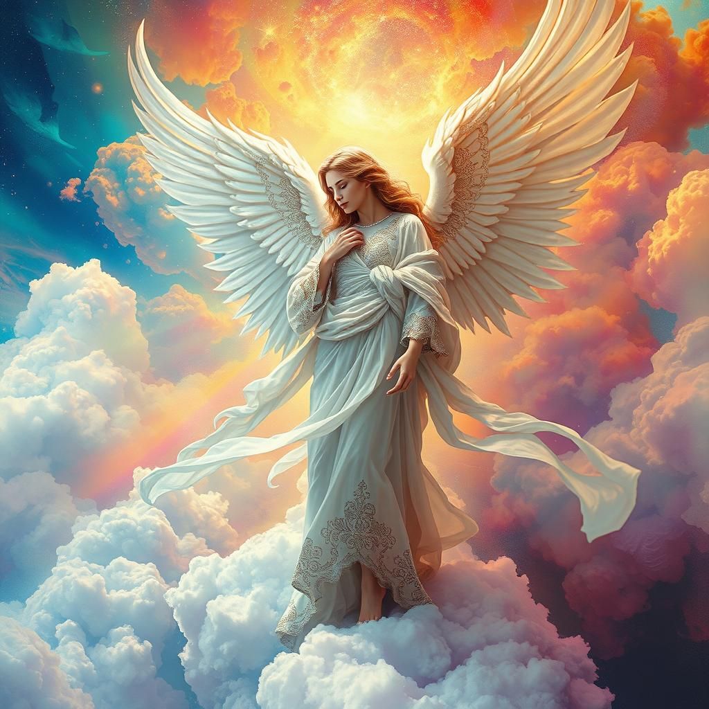Ethereal Angel in Fractal Robes Ascending to Heaven