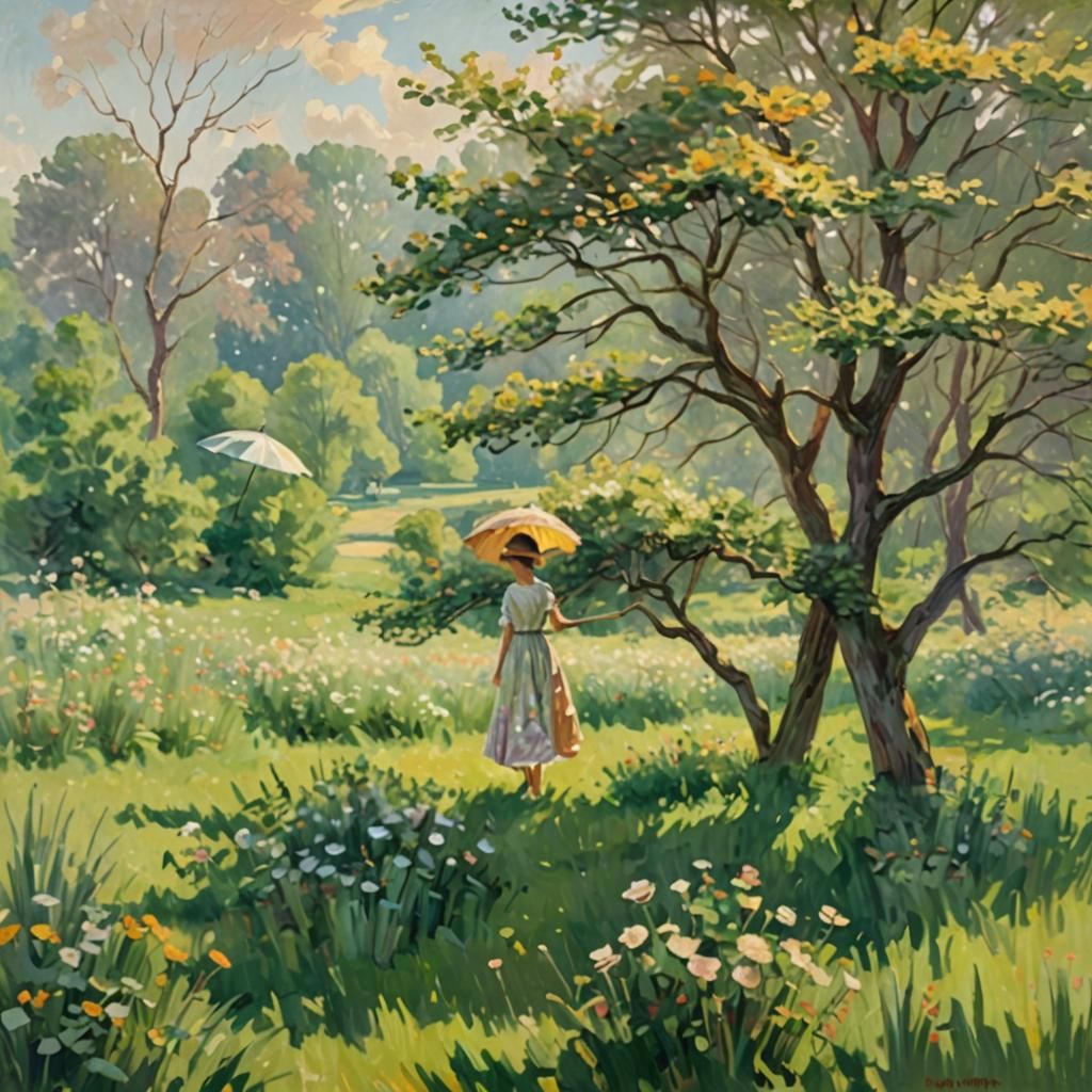 Impressionistic Woman in Meadow at Golden Hour