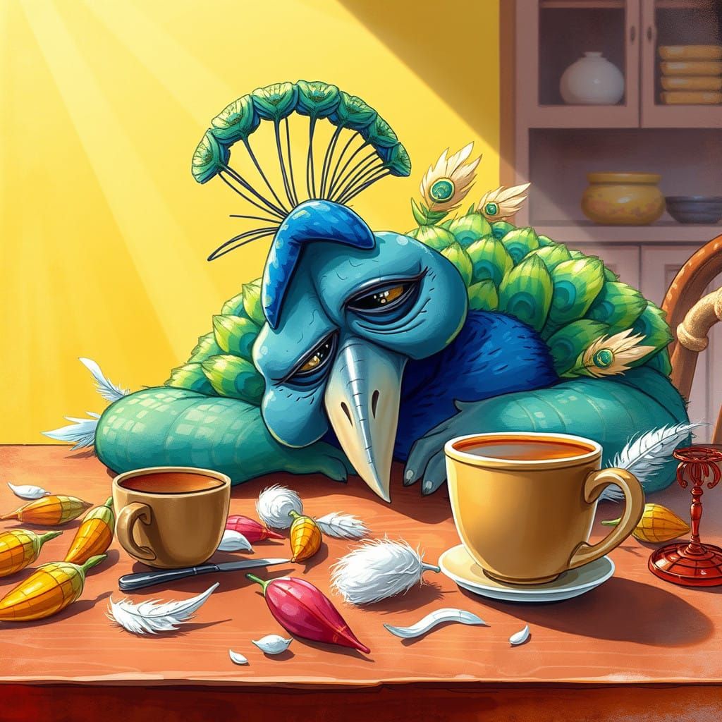 Vibrant Peacock Slumps in Morning Chaos