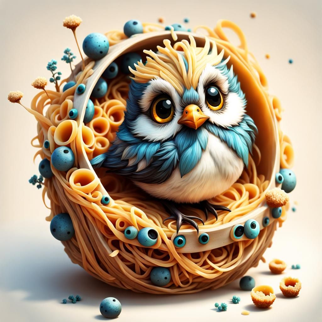 Cute adorable bird made out of meatballs pasta and cheese, huge beautiful eyes, Breathtaking Fantasycore Artwork By Andr...