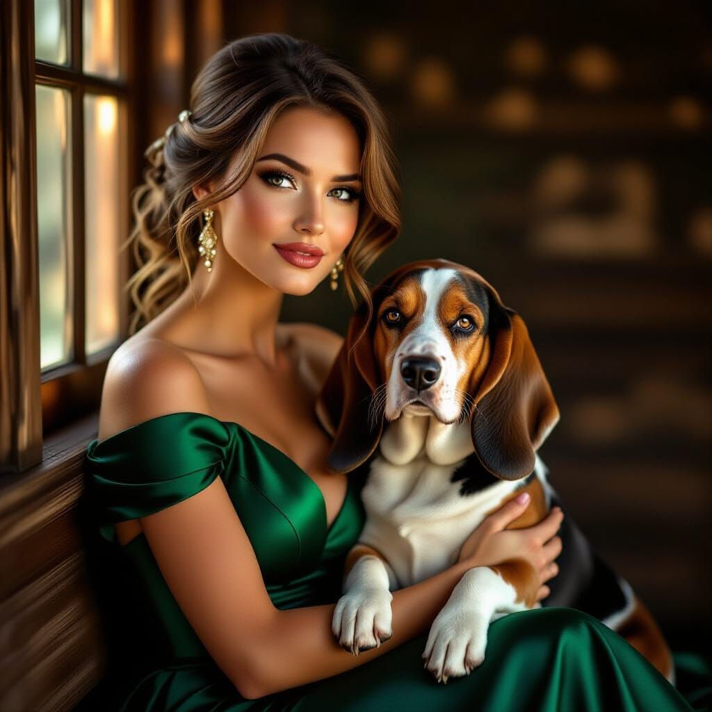 Woman in Emerald Dress Poses with Basset Hound