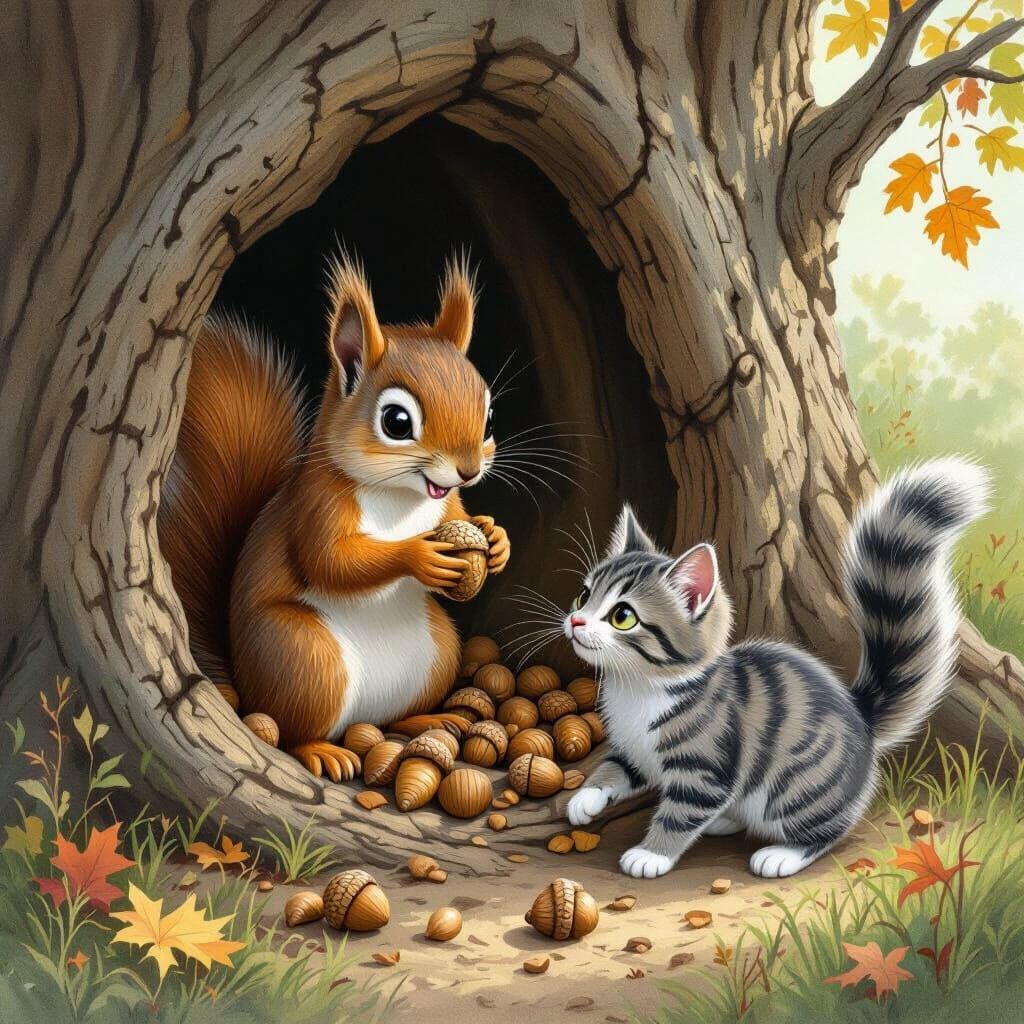 Squirrel's Mischief: Cat Toys and Acorns in Hollow Tree
