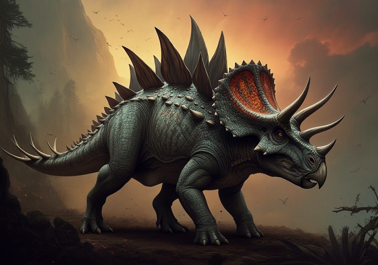 a hybrid tyrannosaurus rex, triceratops, stegosaurus. toothe...