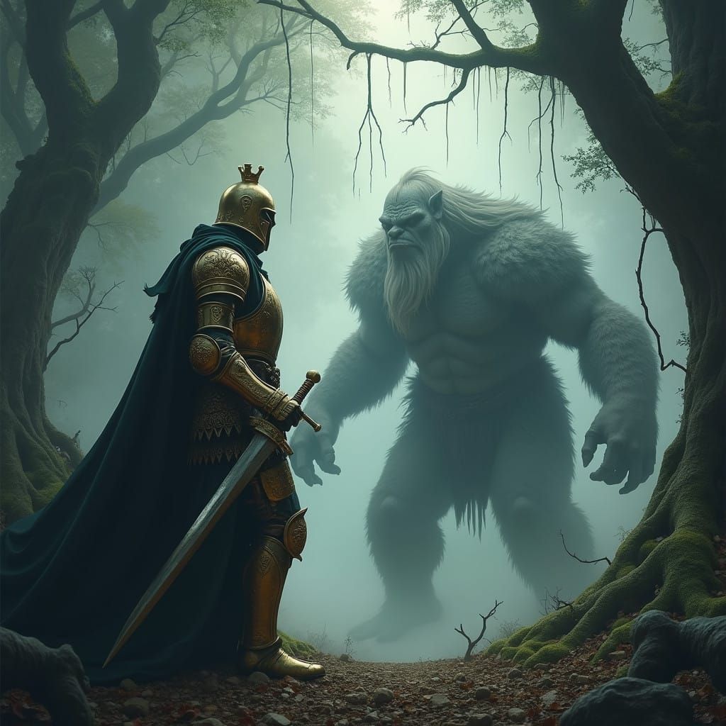 Epic Battle Between Knight and Troll in a Fantastical, Hyper...