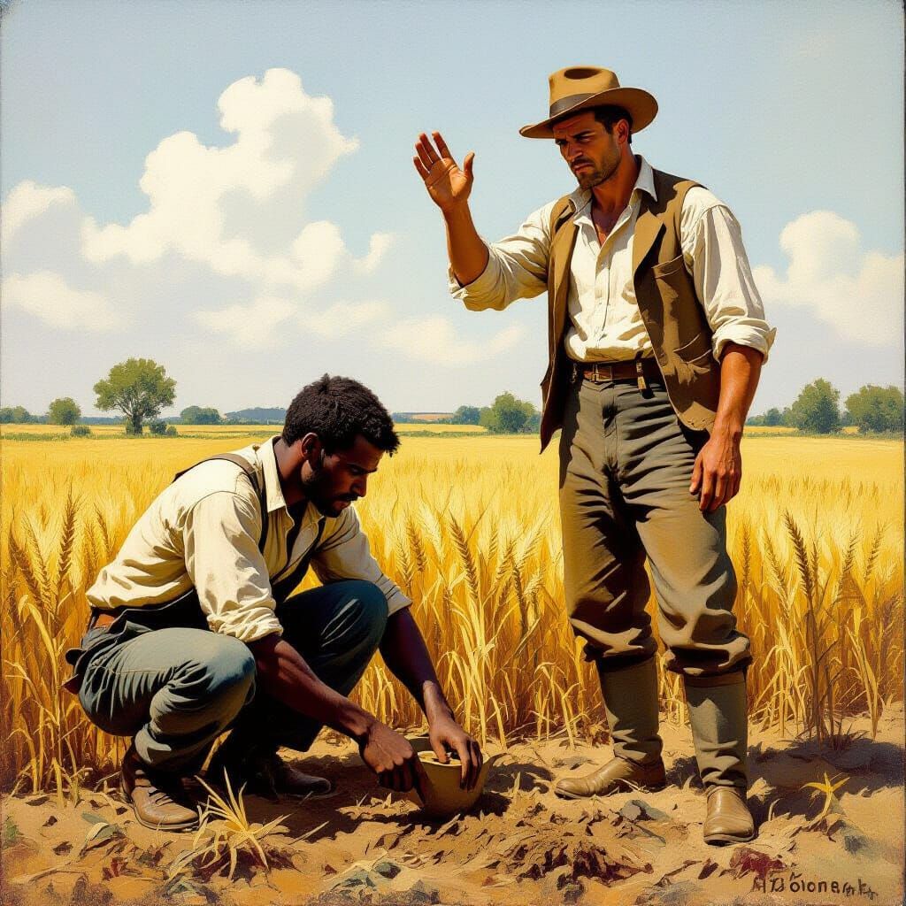 Laborer toils under overseer in dramatic realist style