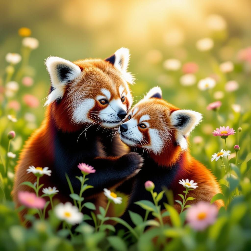 Joyful Red Pandas Nuzzling in a Wildflower Meadow