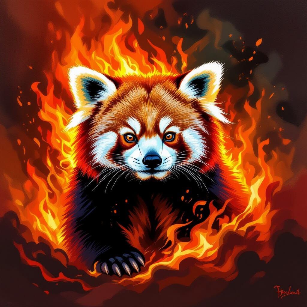 Red Panda Engulfed in Dramatic Painterly Flames
