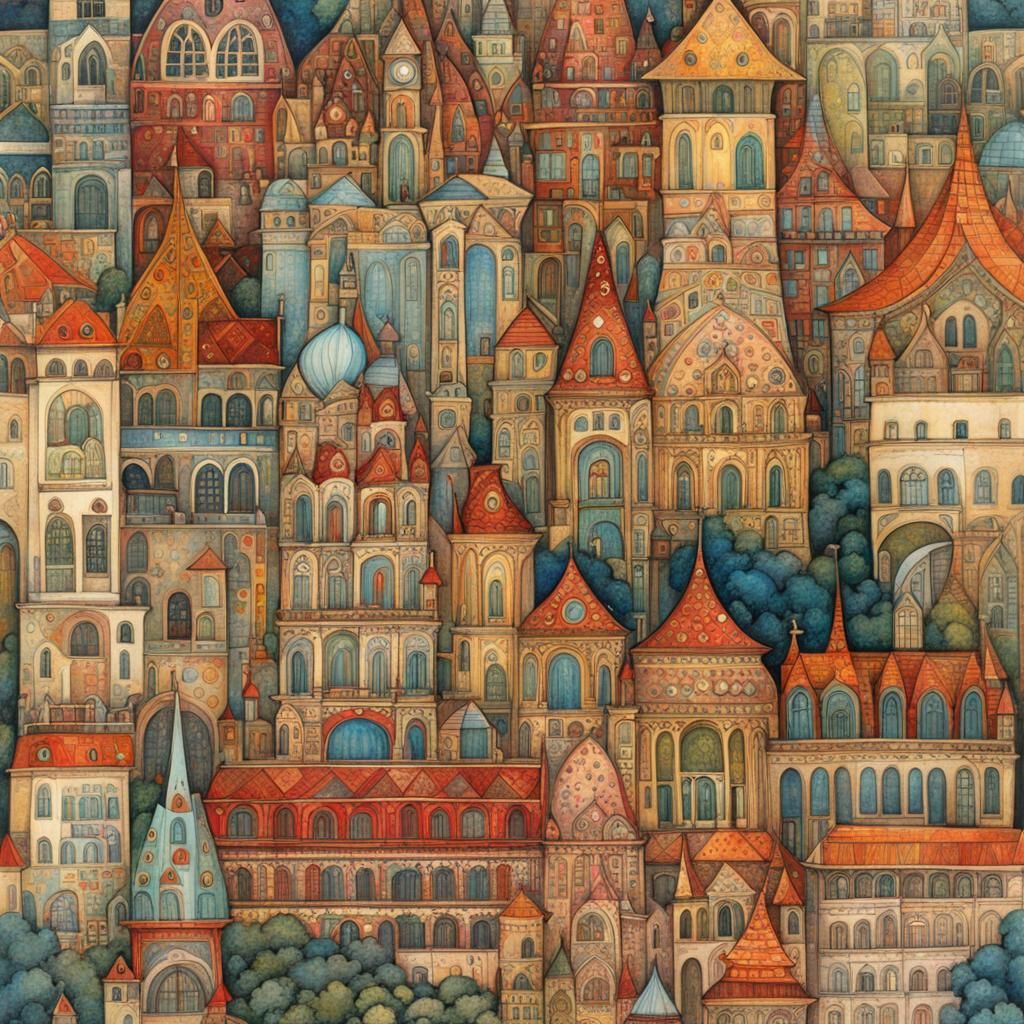 Intricate Cityscape in Art Nouveau Style