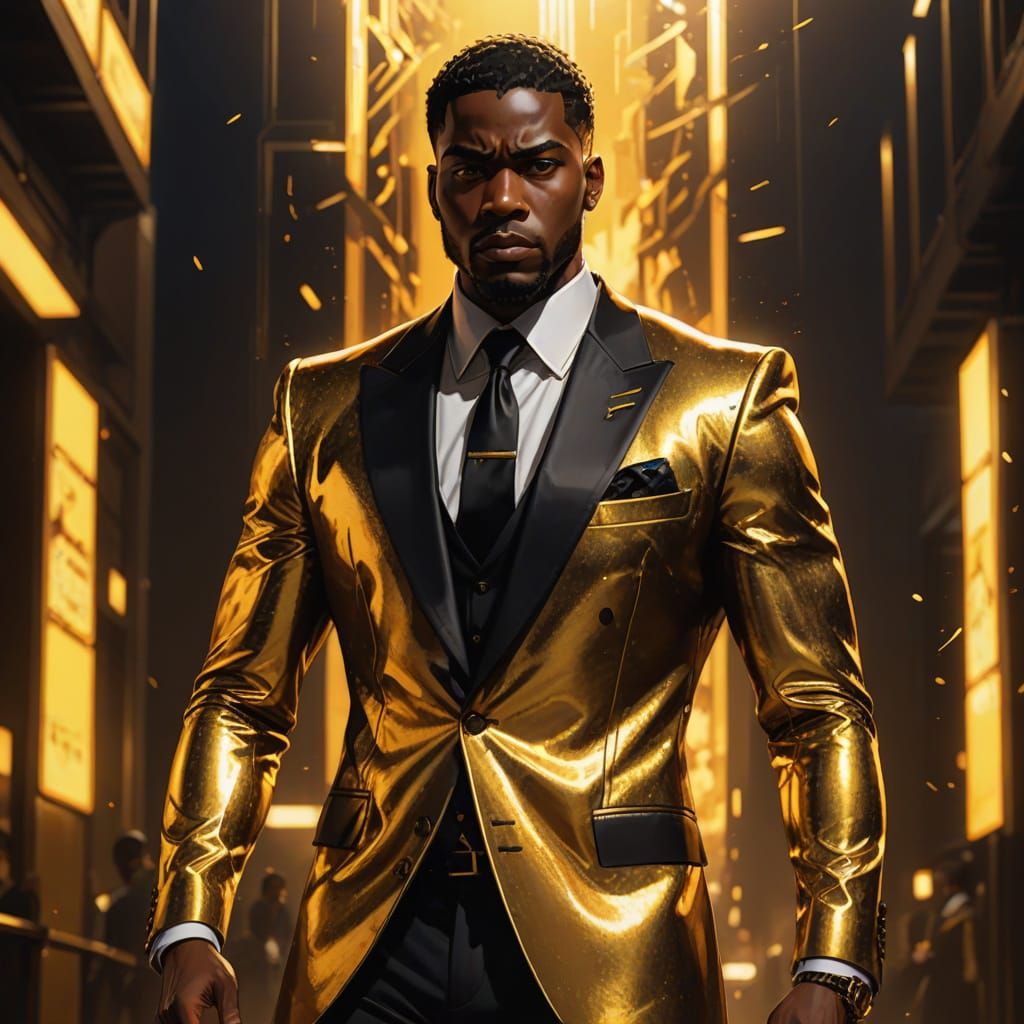 African American Man in Gold and Black Anime Style