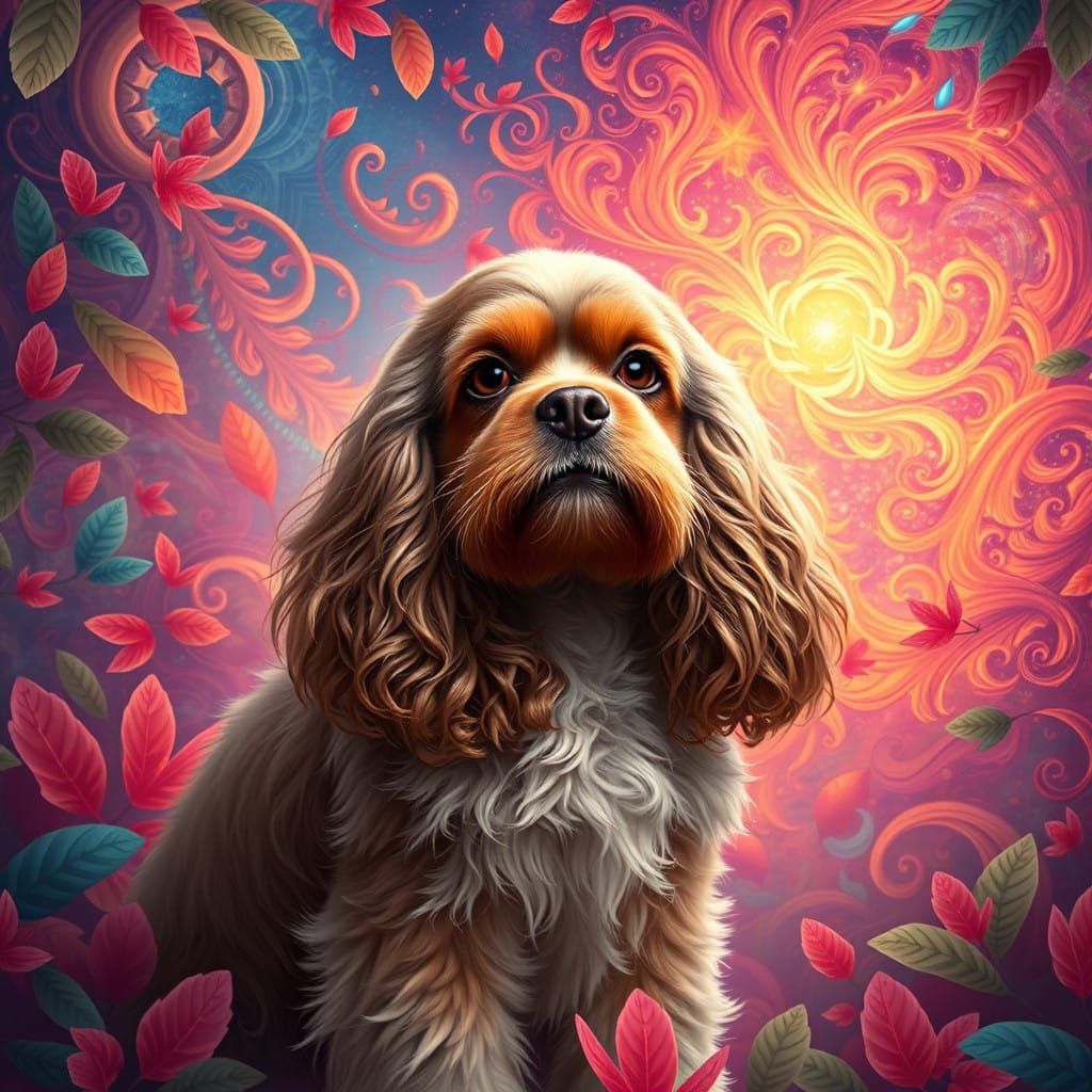 Majestic Cocker Spaniel in Vibrant Dreamlike Landscape