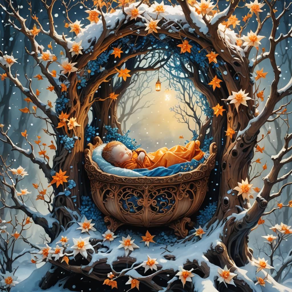 Fantasy Infant in Winter Cradle: Digital Art