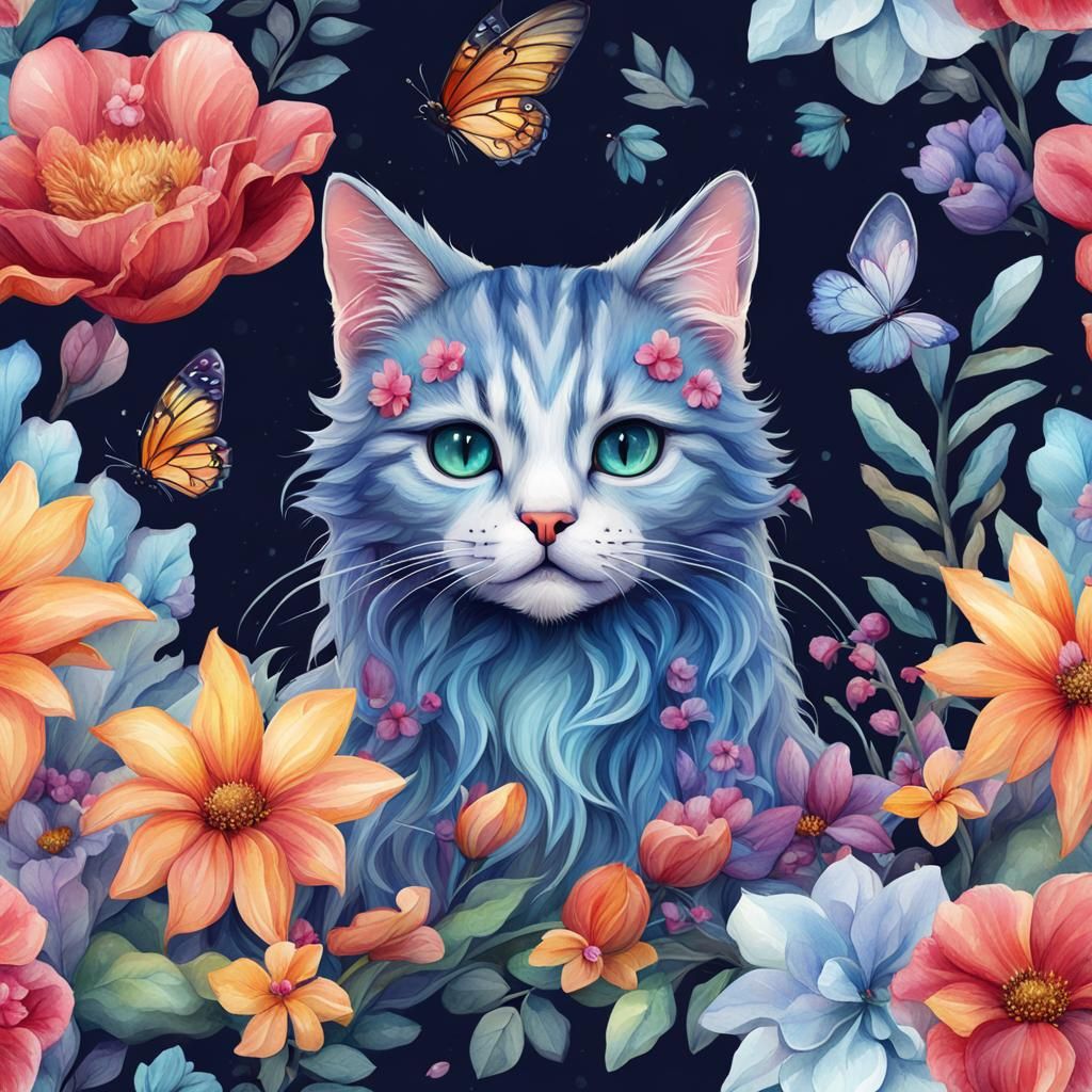 Watercolor Fantasy Kitten Clip Art with Floral Design