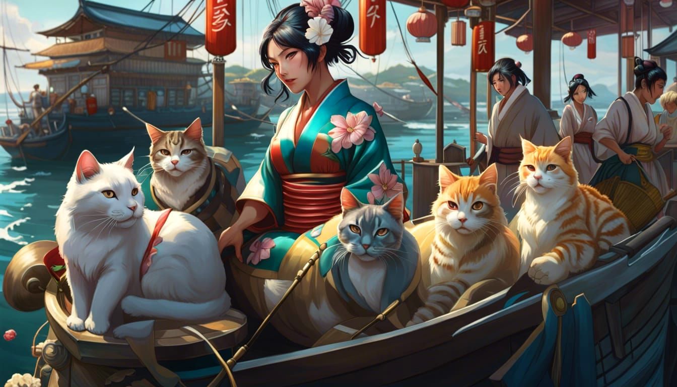 Aoshima Japan. Cat Island, the cats take a trip with the geisha girls
