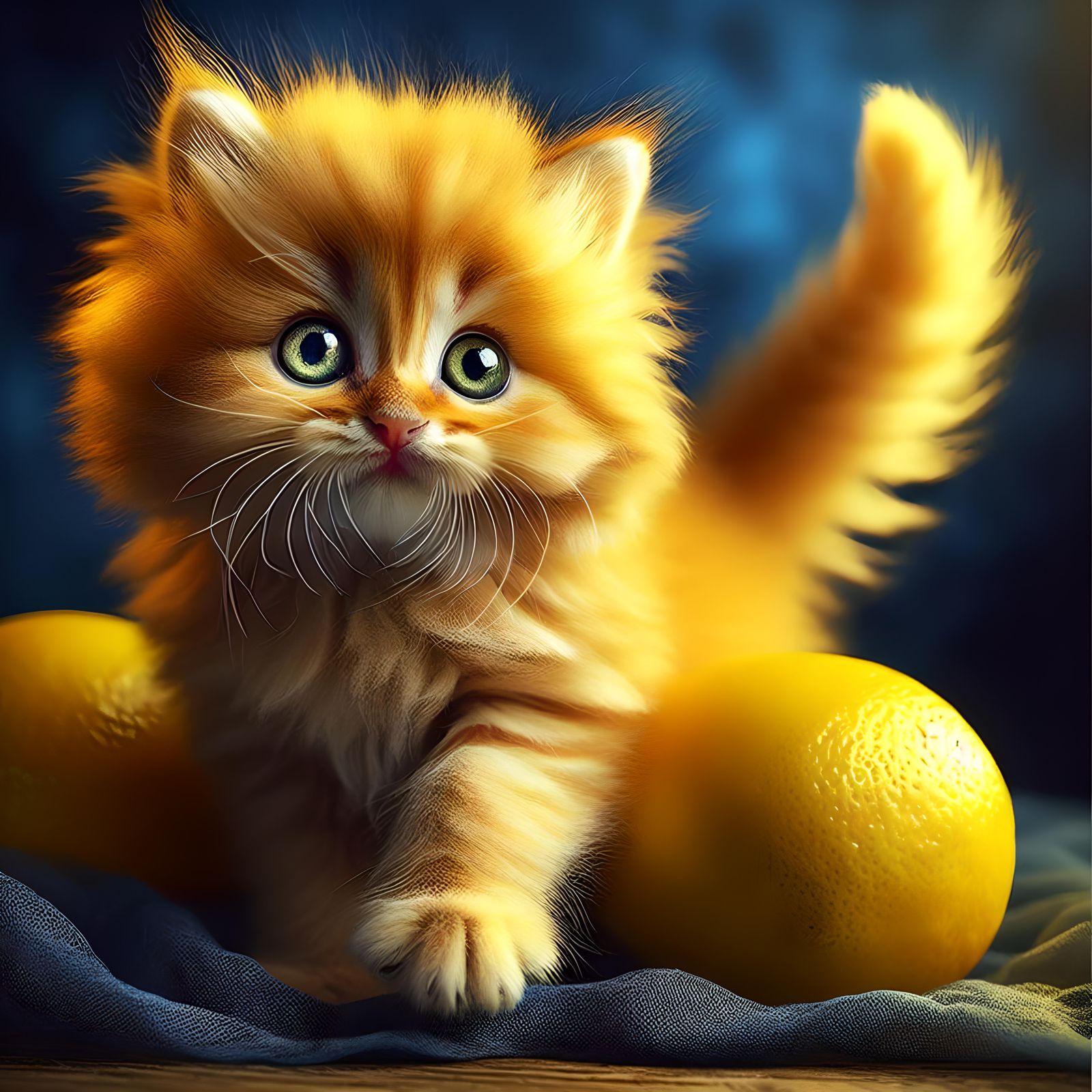 Lemon Kitten Pouncing in a Sea of Blue