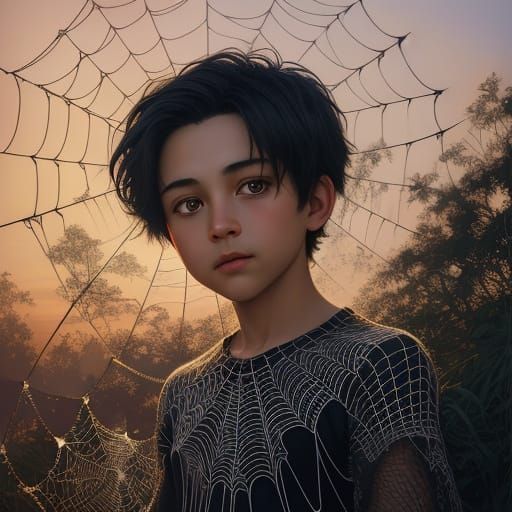 Boy in Spiderweb Attire, Golden Hour Lighting