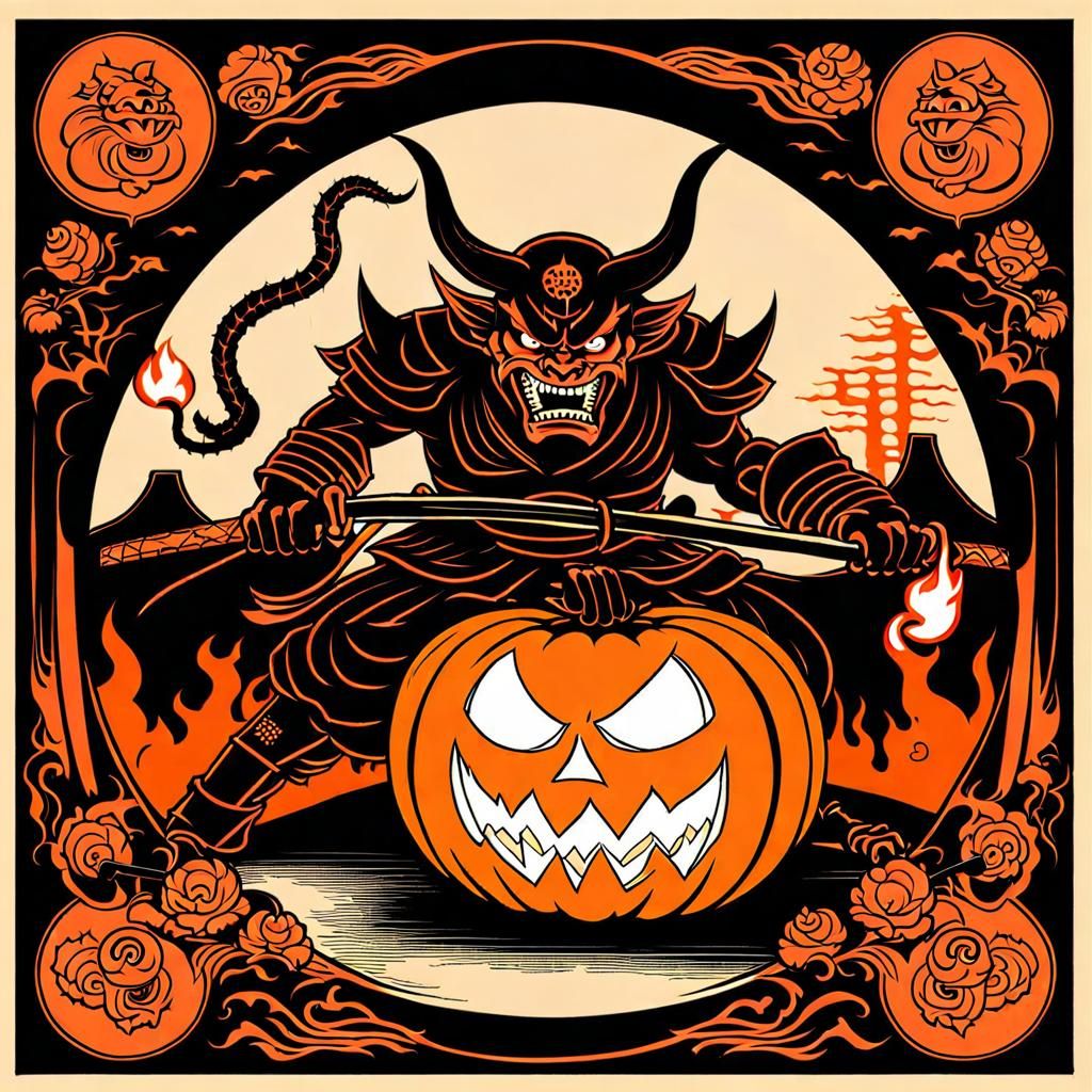 Japanese Demon Battle in Halloween Pumpkin