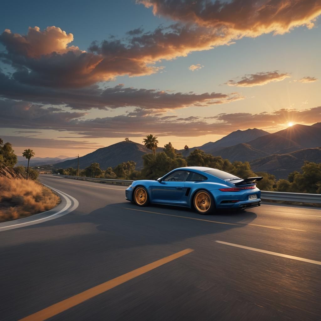 Blue Porsche G-Model at Sunset: Digital Matte Painting